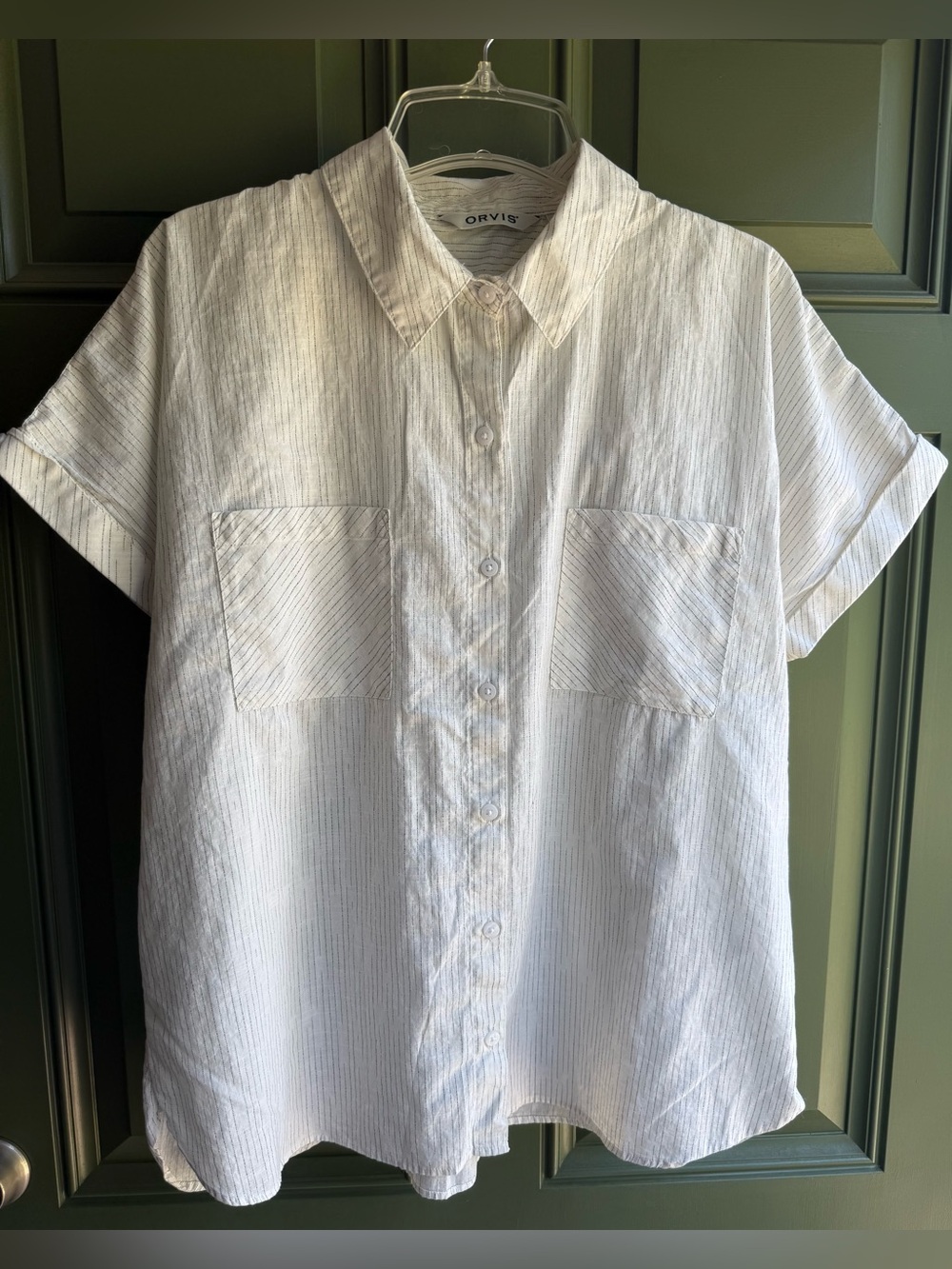 Women's Orvis Short Sleeve Button Up Top Cream W/Navy Vertical Pinstripes Large